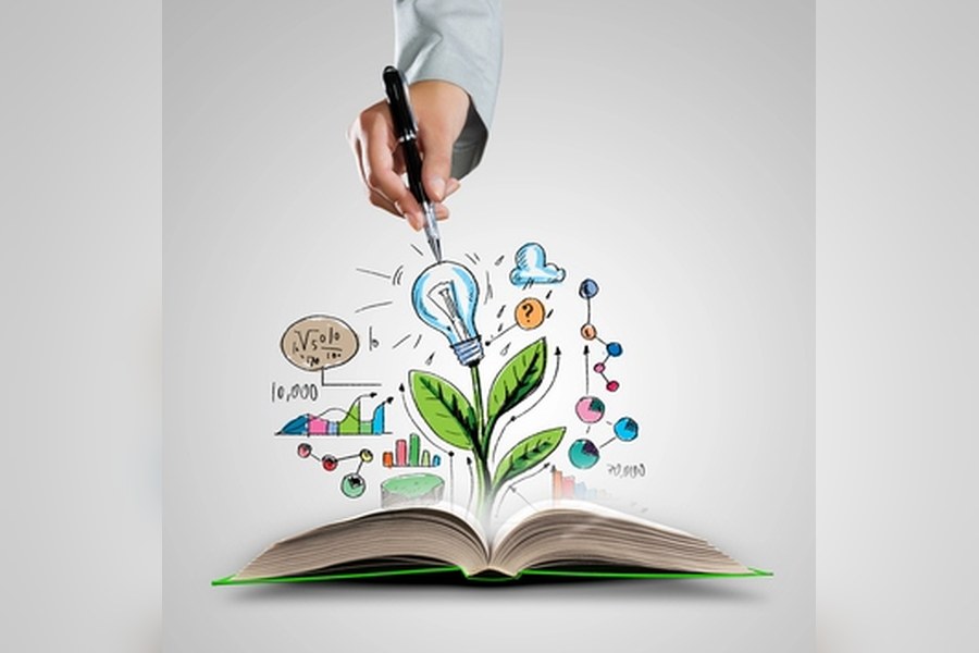 An open book with ideas growing out of it